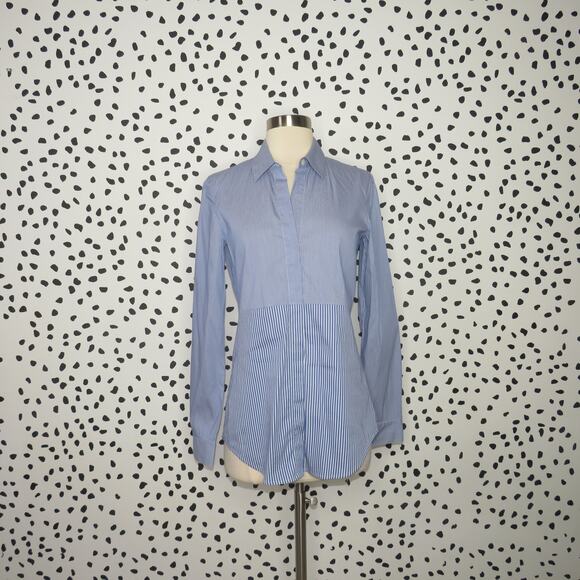 Theory Blue Tablita Mixed Striped Button Up Long Sleeve Collared Top - Picture 2 of 10